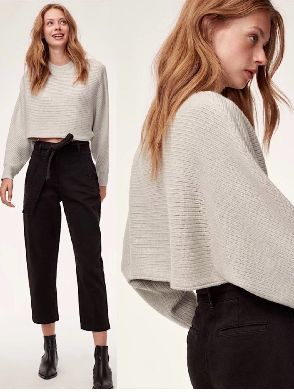 Wilfred Free Aritzia Lolan Cropped Sweater XXS  100% Merino Wool Grey Beige